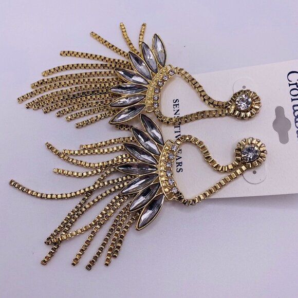 Croft.& Barrow Large Goldtone Rhinestone Dangle Earrings New - Picture 2 of 3